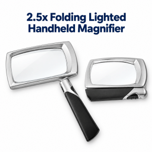 2.5x folding LED lighted handheld magnifier shown open and folded for compact storage