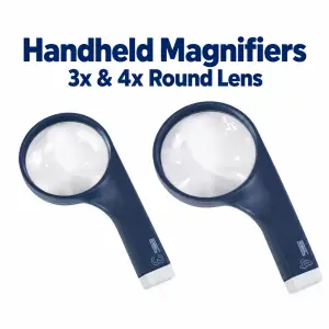 3x and 4x non-lighted handheld magnifiers with round lenses and navy blue handles