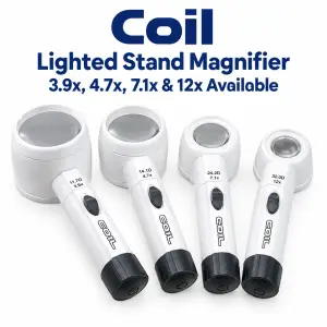 COIL lighted stand magnifier 3.9x 4.7x 7.1x and 12x for reading and low vision