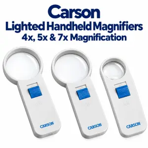 Carson lighted handheld magnifiers available in 4x, 5x, and 7x magnification for reading small print and fine details.