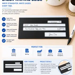 Check Writing Guide for Low Vision – Reusable Heavy-Duty Plastic Check Guide for Standard 6" x 2¾" Checks – Writing Aid for Seniors & Visually Impaired Users