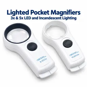 COIL 3x and 5x lighted pocket magnifiers with LED and incandescent lighting for reading small print
