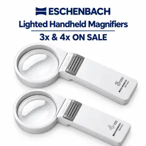 Eschenbach 3x and 4x lighted handheld magnifiers with round lenses, built-in lighting, and ergonomic handles.
