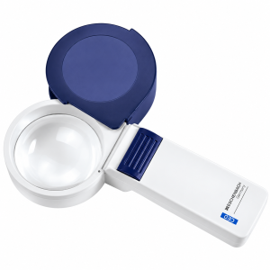 Eschenbach 3x LED handheld magnifier with 2.4-inch round lens, built-in LED light and blue protective lens cover