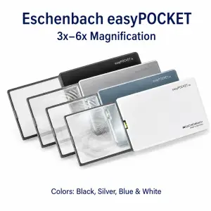 Eschenbach easyPOCKET 3x to 6x pocket magnifiers in black silver blue and white