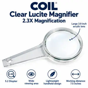 COIL Clear Lucite magnifier 2.3x with 3.9 inch lens infographic