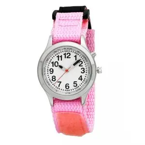 Ladies / Kids Talking Alarm Watch: Pink Fabric Strap Band - Choice of Voice