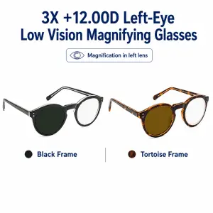 3X +12 diopter left-eye low vision magnifying glasses in black and tortoise frames