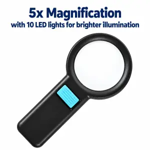 5x LED lighted handheld magnifier with 10 LED lights, round lens, charcoal black handle, and blue on/off switch.