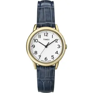 Timex Women's Indiglo Watch Gold with Date, Blue Leather Band