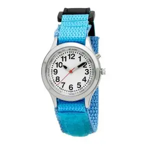 Ladies / Kids Talking Alarm Watch: Light Blue Fabric Strap Band - Choice of Voice