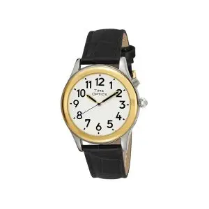 Men's Two Tone Talking Watch White Face Black Leather Band, Choice of Voices Male & Female - English