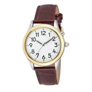 Men’s Time Optics Two-Tone Talking Watch – Dual Voice, Alarm & Black Leather Band