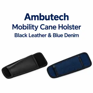 Ambutech mobility cane holsters in black leather and blue denim for carrying folding white canes