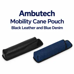 Ambutech mobility cane pouches for folding white canes in black leather and blue denim.