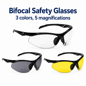 Bifocal safety glasses with clear, gray and yellow lenses and built-in magnification