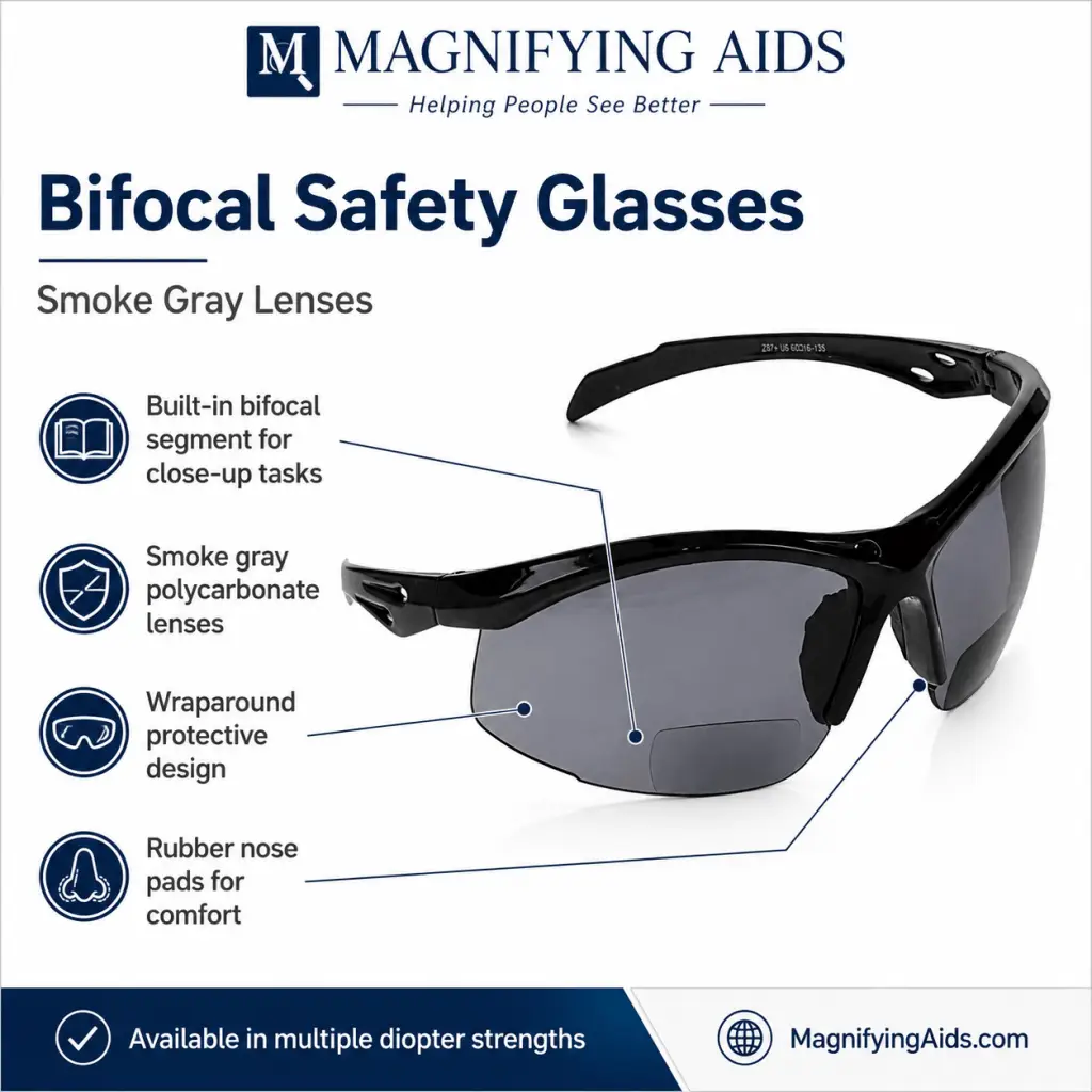 moke gray bifocal safety glasses with built-in magnification