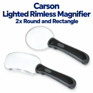 Carson RimFree 2x LED lighted handheld magnifying glasses with rimless round and rectangular lenses for reading small print.