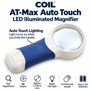 COIL 11x lighted handheld magnifier with 48 diopter lens and auto touch LED lighting