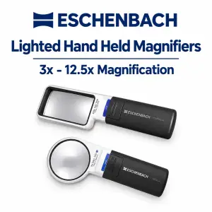 Eschenbach lighted hand held magnifiers 3x to 12.5x LED magnification template with rectangular and round handheld magnifiers