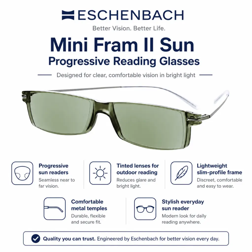 Eschenbach Mini Fram II Sun progressive reading glasses with tinted lenses and lightweight frame
