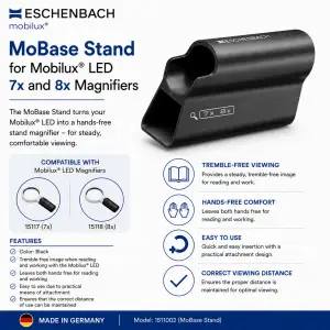 Eschenbach MoBase Stand Model 1511002 for 7X and 8X Mobilux LED handheld magnifiers, detailing product features.