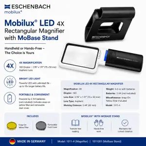 Eschenbach Mobilux 4X rectangular LED handheld magnifier and MoBase stand infographic showing 4X magnification and features.