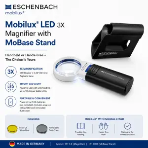 Eschenbach Mobilux 3X LED rectangular handheld pocket magnifier with an ergonomic black handle.