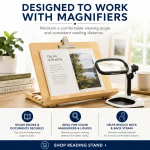 Eschenbach adjustable reading stand with stand magnifier holding reading material at a comfortable viewing angle for low vision users