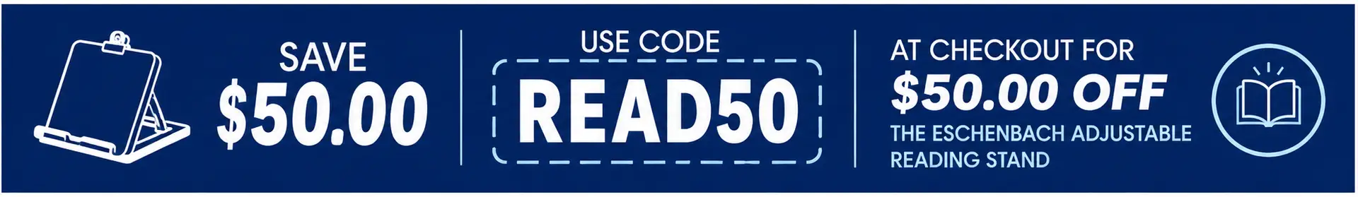 Promotional banner offering $50 off the Eschenbach Adjustable Reading Stand with coupon code READ50