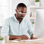 Man wearing MaxDetail magnifying glasses while using a desktop computer