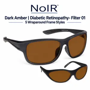NoIR Filter 01 dark amber wraparound glasses for diabetic retinopathy shown in 5 wraparound frame styles