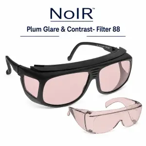 NoIR Filter 88 plum glare and contrast wrap-around glasses graphic with two frame styles