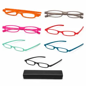SlimViews ultra-thin reading glasses in assorted colors with black protective case