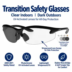 Transition photochromic safety glasses with clear-to-gray UV-activated lenses and ANSI Z87 protection