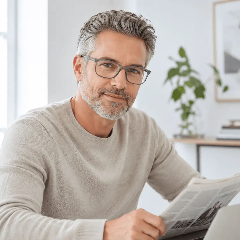 Man wearing Eschenbach Corey gray rectangular blue light blocking reading glasses