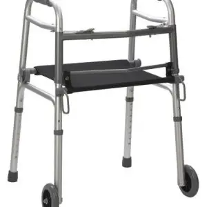 Folding Two-Button Seat Walker with Black Canvas Seat – Lightweight Walking Aid with Rest Seat