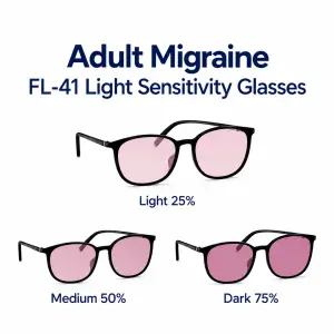 Adult migraine FL-41 light sensitivity glasses in light, medium and dark rose tints