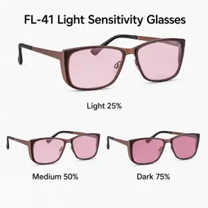 Eschenbach FL-41 light sensitivity glasses showing light 25 percent, medium 50 percent and dark 75 percent rose tint options