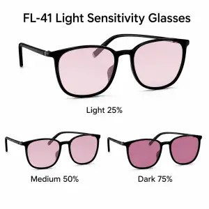 Eschenbach FL-41 light sensitivity glasses comparison showing light 25 percent, medium 50 percent and dark 75 percent rose lens tint options
