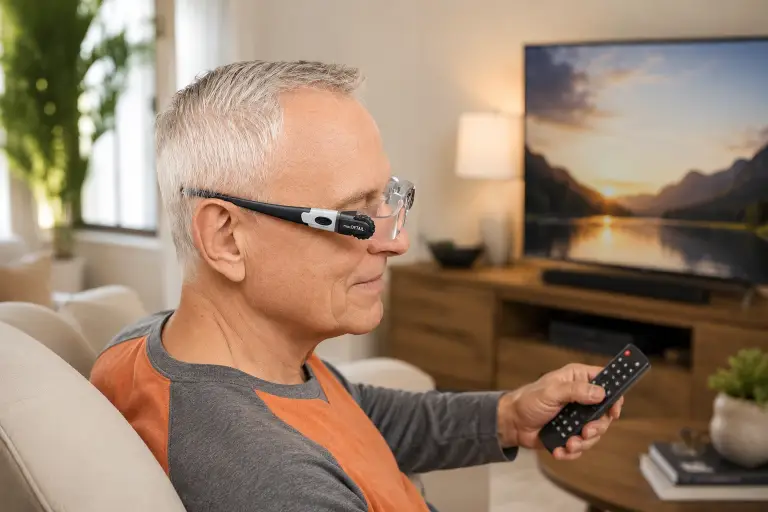 Older man wearing Eschenbach MaxTV glasses while watching television in a bright modern living room, holding a remote control with TV screen in focus, lifestyle image showing hands-free distance viewing glasses for clearer TV watching and subtitles