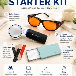 Macular Degeneration Starter Kit infographic displaying Solar Shields orange glasses, Mobilux 4X LED handheld magnifier, easyPOCKET pocket magnifier, and self-adhesive tactile bump dots.