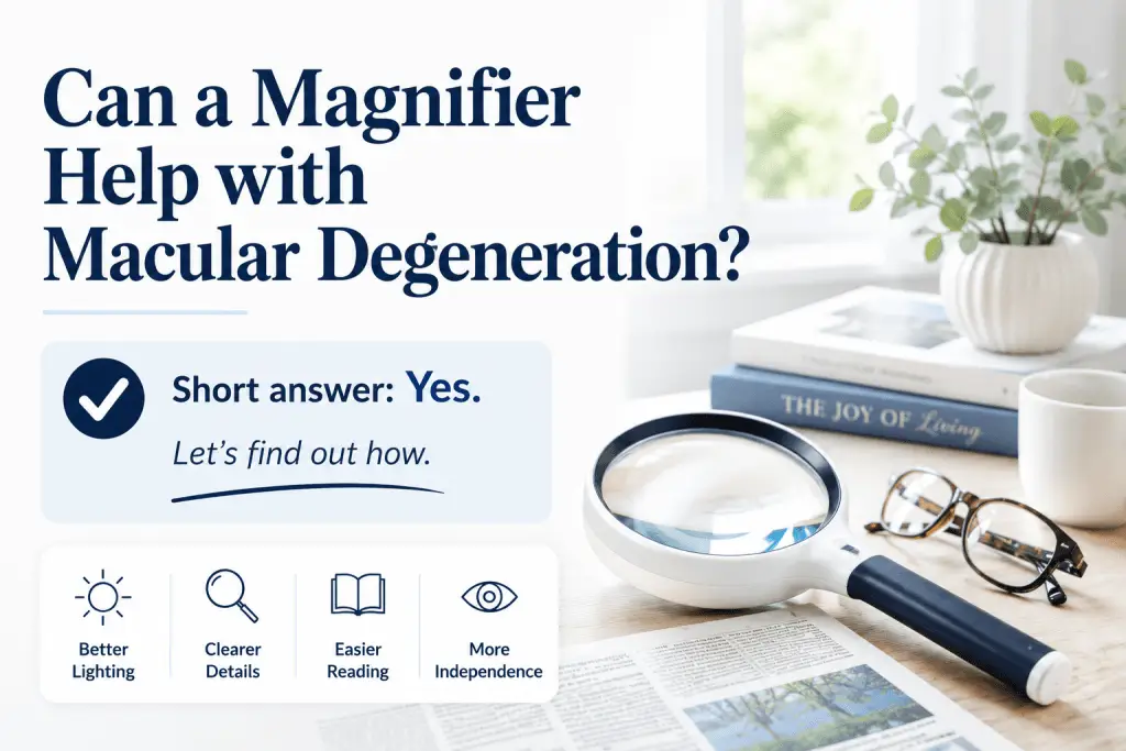 Magnifier, reading glasses, and reading materials illustrating how magnification can help people with macular degeneration read more comfortably and maintain independence.