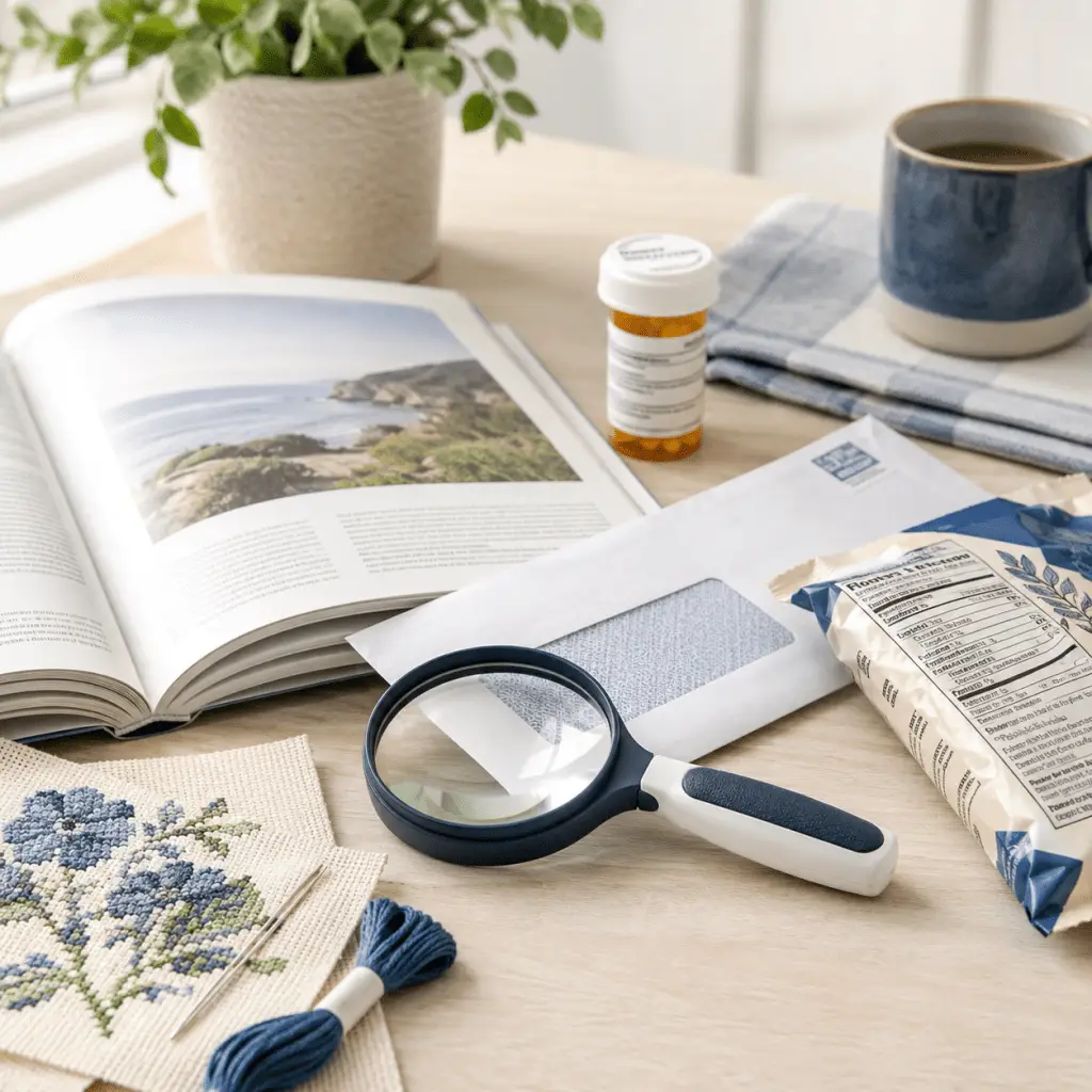 Magnifying glass on a table with books, mail, medicine bottle, food label, and craft supplies for everyday reading tasks.