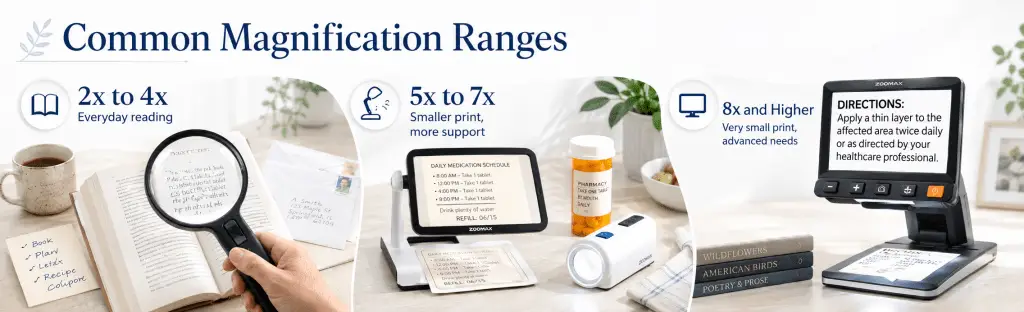 Common magnification ranges showing 2x to 4x for everyday reading, 5x to 7x for smaller print, and 8x or higher for advanced magnification needs