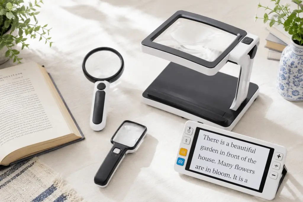 Handheld magnifier, stand magnifier, and electronic video magnifier displayed together, showing different magnification options for people with macular degeneration.