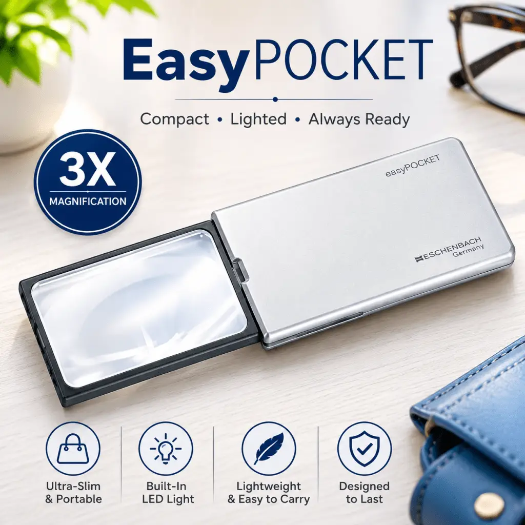 Eschenbach easyPOCKET 3X illuminated pocket magnifier with LED light, ultra-slim design, and portable everyday reading features