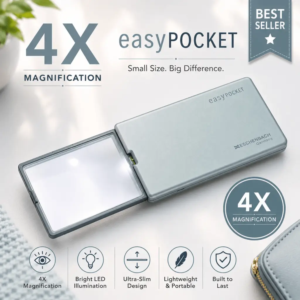 Eschenbach easyPOCKET 4X illuminated pocket magnifier with LED light and Best Seller badge.