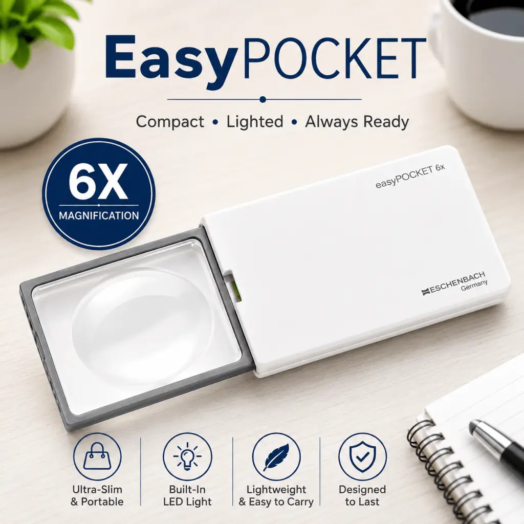 Eschenbach easyPOCKET 6X illuminated pocket magnifier with LED light for reading fine print, labels, menus, and medication bottles
