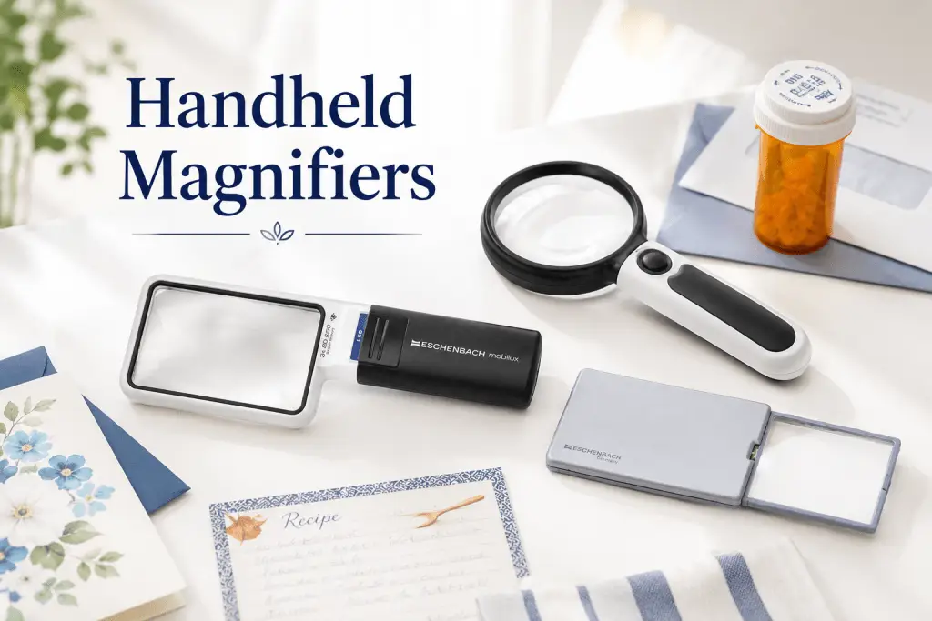 Three handheld magnifiers displayed with mail, medication, and reading materials, illustrating portable magnification options for people with macular degeneration.